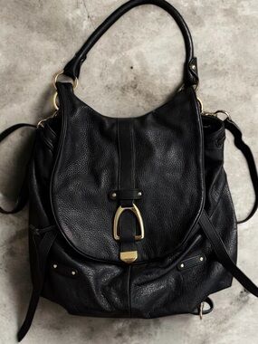 G.I.L.I Convertible Drawstring Backpack Black Leather Shoulder Handbag